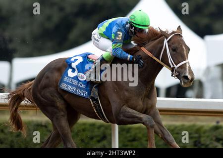 Hot Springs, Arkansas, États-Unis. 26th févr. 2022. 26 février 2022: 26 février 2022: Secret Oath (3) monté par Jockey Luis Contreras avant de traverser la ligne d'arrivée dans les Honeybee Stakes (Grade 3) à Oaklawn Racing Casino Resort à Hot Springs, Arkansas, le 26 février 2022. Tommy Land/Eclipse Sportswire/CSM/Alamy Live News Banque D'Images