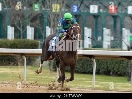 Hot Springs, Arkansas, États-Unis. 26th févr. 2022. 26 février 2022: 26 février 2022: Secret Oath (3) monté par Jockey Luis Contreras avant de traverser la ligne d'arrivée dans les Honeybee Stakes (Grade 3) à Oaklawn Racing Casino Resort à Hot Springs, Arkansas, le 26 février 2022. Tommy Land/Eclipse Sportswire/CSM/Alamy Live News Banque D'Images