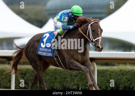 Hot Springs, Arkansas, États-Unis. 26th févr. 2022. 26 février 2022: 26 février 2022: Secret Oath (3) monté par Jockey Luis Contreras avant de traverser la ligne d'arrivée dans les Honeybee Stakes (Grade 3) à Oaklawn Racing Casino Resort à Hot Springs, Arkansas, le 26 février 2022. Tommy Land/Eclipse Sportswire/CSM/Alamy Live News Banque D'Images