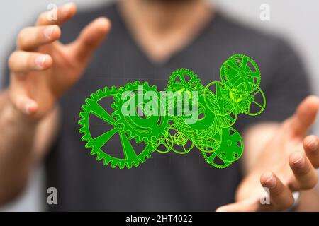 Gros plan de 3D rendu de la haute technologie éco-vert infini concept de technologie informatique dans la main de l'homme Banque D'Images