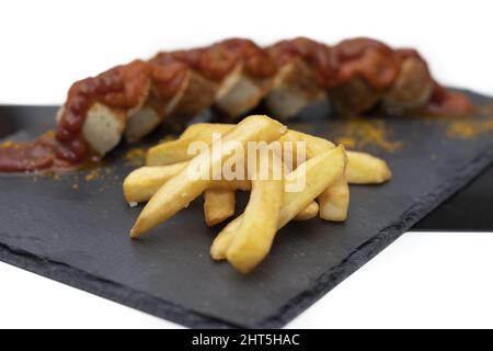 Currywurst avec Pommes Frites, un repas allemand très demandé sur fond noir et blanc Banque D'Images