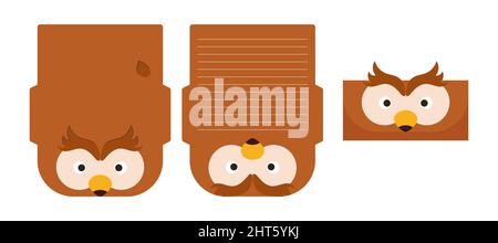 Adorable chouette chouette lettre écriture papeterie papier laser coupe de carte modèle. Motif animal pour cartes de vœux, d'invitation, de remerciement. Stock vectoriel malade Illustration de Vecteur