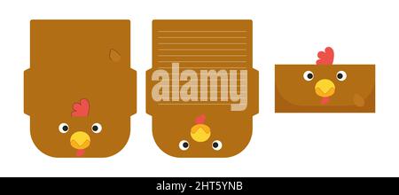 Adorable adorable poule lettre écriture papeterie papier laser coupe de carte modèle. Motif animal pour cartes de vœux, d'invitation, de remerciement. Stock vectoriel malade Illustration de Vecteur