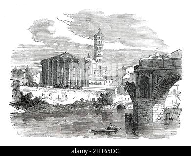 Temple de Vesta - Rome, 1850. 'Ici... sur les rives du Tibre, se dresse l'une des reliques les mieux préservées de la Rome impériale - les ruines d'un des nombreux temples de Vesta que la ville contenait. C'est une structure circulaire, avec un peristyle de colonnes corinthiennes cannelées de marbre blanc, et date du règne de Marcus Antoninus, au milieu du deuxième siècle de l'ère chrétienne. Ses proportions complètes ne sont pas perceptibles tant qu'il n'est pas vu, de près, être incrusté dans le sol accumulé, qui a été excavé tout autour de l'ancien niveau... il était autrefois utilisé comme un chur chrétien Banque D'Images