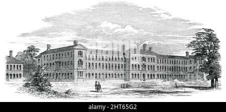 The North Surrey Industrial Schools, Anerly, [South London], 1850. L'école de formation '...près de la gare d'Annerley du Croydon Railway dans le comté de Surrey'. Le bâtiment a été '...from les dessins de l'architecte, M. Charles Lee, de la place d'Or, Londres... pour l'hébergement de 600 enfants... cet établissement sera strictement industriel, et aucun officier ou serviteurs de pauper ne sera autorisé sur les lieux. Il y a trois grandes salles d'école et de classe, avec des appartements pour les maîtresses d'école, d'école et de commerce... les garçons seront instruits dans les métiers, l'agriculture, et le jardinage, Banque D'Images