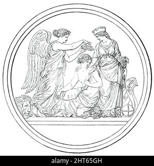 Grande exposition de 1851 - médailles du prix (&#xa3;100 chacune) - M. G. G. Adams, 1850. '... un groupe élégamment modélisé, en faible relief, de la renommée, de l'industrie et du commerce. Devise : « Artificisi tacitae quod meruere manus ».' De "Illustrated London News", 1850. Banque D'Images