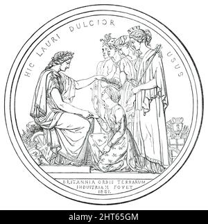 Grande exposition de 1851 - médailles du prix (&#xa3;100 chacune) - M. Leonard C. Wyon, 1850. « Britannia, assis, place d'une main une couronne de Laurier sur la tête d'une figure emblématique de l'industrie et la mène de la main droite. Derrière, se trouvent les représentations des quatre quarts du monde, qui ont apporté Industrie à Britannia. À droite sont les emblèmes des quatre articles : 1. La cotonnière et la gerbe de blé; 2. Une roue; 3. Une balle de marchandises ; 4. Un vase.devise: " Dissociata locais concordi Pace ligavit"." De "Illustrated London News", 1850. Banque D'Images