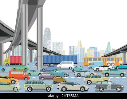 Autoroute dans une grande ville avec camions et voitures de tourisme, illustration Illustration de Vecteur