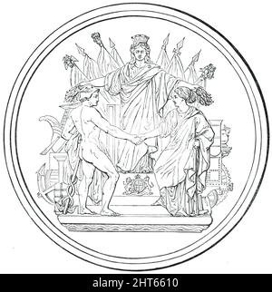 Grande exposition de 1851 - Médaille du prix (&#xa3;100) - M. Hippolyte Bonnardel, 1850. 'Mercury tenant une femme à la main (destinée à représenter l'industrie, apparemment, de l'enclume, de la locomotive et du amp;c., près d'elle), Devant une figure épaisse de Britannia debout sur une plate-forme légèrement surélevée, les deux mains allongées, tenant des couronnes : des drapeaux de différentes nations composent l'arrière-plan.devise : « est etiam in magno quaedam respublica mundo ». .De "Illustrated London News", 1850. Banque D'Images