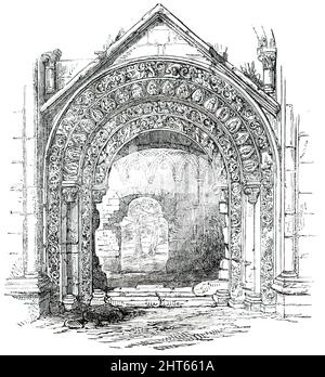 Abbaye de Glastonbury - porte nord de la chapelle Saint-Joseph, 1850. Abbaye médiévale en ruines à Glastonbury, Somerset. Voir montrant '... le Portail Nord de la chapelle Saint-Joseph, que rien dans la maçonnerie de calcaire peut être plus fortement sculptée. Ce bâtiment est attribué à l'abbacy de Hirlewinus, entre les années 1102 et 1120. Il se compose d'arches semi-circulaires (quatre en nombre), s'reculant doucement en succession dans le corps de la paroi, et diminuant en taille comme ils s'éloignent, chacun reposant sur des piliers, et leurs fasciae épaissies couvertes d'une profusion de représentations sculptées. Nous percevons le Banque D'Images