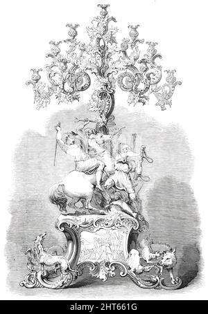 Témoignage présenté au marquis de Tweeddale, K.T. et C.B., 1850. « Le groupe se compose de l'aîné Hay et de ses deux fils; un Dane monté et un Dane renversé. Les bassi-relievi sur la base représentent le vol du faucon et l'attributive de la chevalier; et l'autre panneau porte l'inscription: "Présenté par la Société de Madras, à George, 8th Marquis de Tweeddale, K.T. et C.B., gouverneur et commandant en chef, 1842-1848; En tant que symbole de respect et d'estime pour sa valeur publique et privée ». Ce morceau de plaque vraiment noble a été conçu et modélisé par M. Alfred Brow Banque D'Images