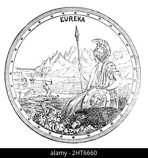 Le Grand Sceau de Californie, 1850. 'Autour du biseau de l'anneau sont représentés trente et une étoiles, étant le nombre des États dont l'Union sera composée, à l'admission de la Californie. La figure de premier plan représente la déesse Minerva, ayant jailli du cerveau de Jupiter. Elle est présentée comme une sorte de naissance politique de la Californie, sans avoir subi la probation d'un territoire. À ses pieds, elle croise un ours grisant, se nourrissant de grappes d'un cépage, qui, avec une feuille de blé, sont emblématiques des caractéristiques particulières du pays. A Banque D'Images