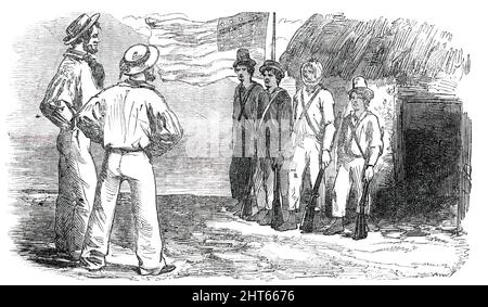 Ile de Tigre - la garnison des États-Unis, 1850. Croquis par "un voyageur en Amérique centrale"... en aucun cas une caricature de la garnison des États-Unis sur l'île, avec les rayures officielles et les étoiles chancelant dans la brise; Et les "Britishers" concernant la force avec un vrai plaisir... l'île de Tigre, dans le Gulph de Fonseca, [a] été récemment pris en possession par le capitaine Paynter, du bateau à vapeur de sa Majesté Gorgon, et depuis cédé aux États-Unis par le Gouvernement du Honduras. C'était un point formidable du conflit nicaraguayen, quand le "Britise Banque D'Images