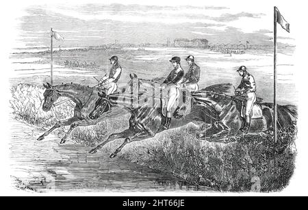 Réunion de printemps d'Epsom - Grand Métropolitain Steeple-Chase : le saut au ruisseau, 1850. Courses hippiques sur Epsom Common à Surrey. « Le sol, de... la nature du sol et l'effet du temps, était extrêmement lourd et affligeant pour les chevaux, en particulier dans la partie inférieure, où il était tout sauf impossible pour eux de faire un trot de lui... Une belle maison de course ensuite, Qui s'est terminé en faveur de Fugitif d'une demi-longueur; Maria Day second, Rachel thiid, le reste nulle part...'. Le fugitif de M. Stafford a été criblé par H. Bradley. De "Illustrated London News", 1850. Banque D'Images