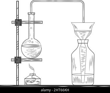 Flacons, béchers et tubes à essai en verre pharmaceutique Vector dans un style de gravure ancien. Esquisse d'une expérience et d'un équipement de laboratoire physique ou chimique. Illustration de Vecteur