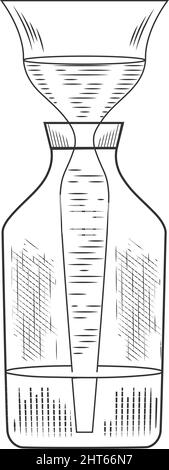 Flacons, béchers et tubes à essai en verre pharmaceutique Vector dans un style de gravure ancien. Esquisse d'une expérience et d'un équipement de laboratoire physique ou chimique. Illustration de Vecteur