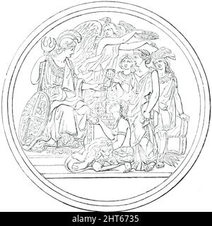 Grande exposition de 1851 - médailles du prix (&#xa3;50 chacune) - No 28. - M. Wiener, 1850. «Les commissaires de sa Majesté pour la promotion de l'exposition de 1851 donnent avis, que, ayant décidé de donner trois médailles de bronze, de différentes tailles et conceptions, comme prix aux exposants, et ayant, en public advertisement...invited, les artistes de tous les pays pour rivaliser pour les dessins pour les revers de telles médailles, annonçant... leur intention de donner une récompense de &#xa3;100 pour chacun des trois dessins qui devraient être acceptés, et une récompense de &#xa3;50 pour chacun des trois meilleurs modèles qui ne devraient pas b Banque D'Images