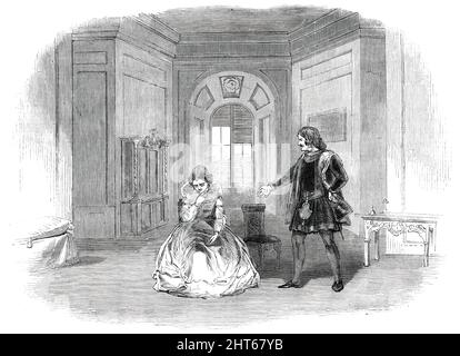 Scène de la "Légende de Florence", au Sadler's Wells Theatre, [Londres], 1850. «Selon la légende, une sentence de divorce aurait dû être prononcée par l'autorité papale. Mais cela a été jugé, par ceux qui avaient une voix dans le théâtre, comme un expédient dangereux avec un public britannique volontairement soumis à l'indissolubilité du lien de mariage; Et, par conséquent, pour se débarrasser du mari offensif, il fallait le tuer - un expédient absurde, et un peu moins qu'un meurtre... nous offririons, en toute bonté, un conseil à M. Waller, de la part de Rondilelli. Banque D'Images