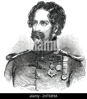 Colonel Chatterton, député de Cork, 1850. Le lieutenant-colonel James Charles Chatterton, K.H., député de la ville de Cork, sous-lieutenant et magistrat du comté, et grand maître provincial de Munster, est un chevalier de l'ordre guelphique royal hanolien, colonel dans l'armée, Et le lieutenant-colonel des 4th Royal Irish Dragoon Guards... le colonel Chatterton a servi sans distinction au Portugal, en Espagne, en Flandre et en France... le gallant colonel est un conservateur, et en faveur de la protection agraire. De "Illustrated London News", 1850. Banque D'Images