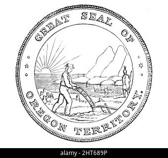 Le Grand Sceau de l'Oregon, 1850. « La conception représente l'embouchure de la rivière Columbia, et au-delà se trouve l'océan Pacifique; au premier plan se trouve un labour d'homme, ce qui indique que l'agriculture a déjà commencé dans le territoire. Le bateau à vapeur sur la rivière dénote l'extension du commerce. À droite, un Indien prend sa retraite avant l'avancée de la civilisation, son arc et ses flèches dans sa main, et sa couverture dessinée autour de lui; le soleil couchant est emblématique de son dernier jour. Les montagnes Rocheuses, qui, avec la rivière, sont les principales caractéristiques géographiques de, sont encore plus à droite Banque D'Images