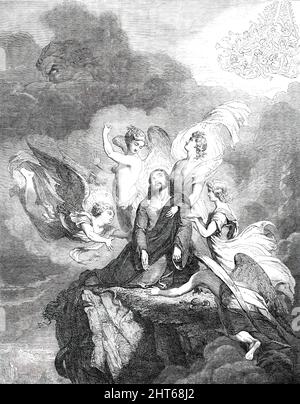 Notre Sauveur après la tentation - peint par Sir George Hayter, M. A. S. L., 1850. Exposition à l'institution britannique. « Ce miracle doit être considéré comme le premier grand triomphe de Jésus-Christ sur terre; et par conséquent, bien que l'épuisement extrême d'avoir jeûné quarante jours a rendu le cloquage des anges nécessaire quand sa force humaine a été presque annihilée, toujours le moment doit avoir été un de joie intense à l'hôte céleste; et a donc été traité dans la coloration afin d'éviter toute impression triste ou mélancolique sur le spectateur, en s'appropriant de telles couleurs pour t Banque D'Images