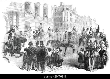 Visite du Président Louis Napoléon à la garnison de Paris, 1850. '...Louis Napoléon traverse la rue, pistolet à main, et est escorté par des cuirassiers. Ces visites sont de nouvelles méthodes de courtiser la popularité; et ainsi, toute la garnison a été visitée, adressée, et complimentée; et ils, en retour, Ont reçu le président avec beaucoup d'enthousiasme. Dans l'illustration, le caleche vient de la porte de la caserne; Louis Napoléon porte l'uniforme d'un général; à sa gauche est assis le ministre de la guerre; et face à lui est le colonel Edgar Ney, et à côté de lui un colonel du Staf Banque D'Images