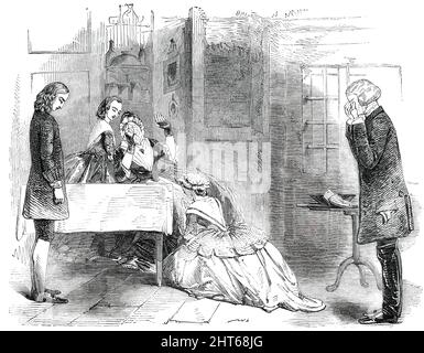 Scène de "le Vicaire de Wakefield", au New Strand Theatre, [Londres] 1850. 'Mr. Tom Taylor a dramatisé pour ce théâtre l'histoire de fond de la toujours-ravissante Vicaire de Wakefield de Goldsmith;... M. Farren et Mme Glovor exécutent Dr. Primrose et sa dame, si pompeux, si pathétique. Olivia est tombé au sort de Mme Stirling, qui, agissant admirablement tout au long, a gagné un triomphe à la fin, quand, comme le pénitent de retour, elle a classé les genoux de son père et a lutté pour sa grâce. M. et Mme Leigh Murray, comme Burchell et Mme Skeggs, le disent; M. Norton, comme Banque D'Images