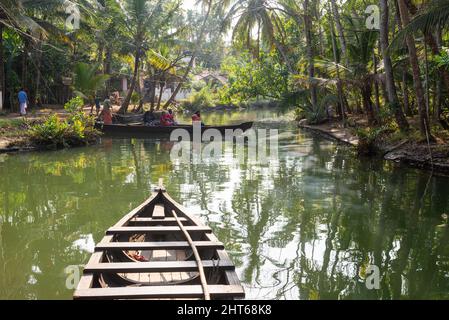 Kerala, Inde - janvier 2022 : pirogues dans les eaux intérieures autour de l'île Munroe Banque D'Images