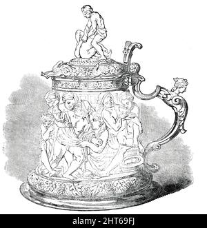 Ivoire Tankard, 1850. Article d'une 'exposition d'art ancien et médiéval à la Société des Arts, dans John-Street, Adelphi', [Londres]. « Le magnifique Tankard en ivoire sculpté... est la propriété du Baron Lionel de Rothschild, et est de main-d'œuvre flamande. Il est richement monté en argent, et les figures allégoriques qui l'entourent sont jetées en relief audacieux". De "Illustrated London News", 1850. Banque D'Images