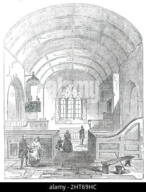 Intérieur de l'église Brampford Speke, Devon, 1850. En 1847, le Rév George Cornelius Gorham BD, a été nommé par son patron à la vie de Brampford Speke, mais en raison de son refus de la doctrine de la régénération baptismale, l'évêque d'Exeter a refusé de l'instituer. «Le Comité judiciaire du Conseil privé a rendu son jugement, sur le 8th inst., dans la poursuite de longue date, «Gorham c. l'évêque d'Exeter». Aucun cas ecclésiastique n'a, dans les temps modernes, suscité un intérêt aussi intense... le Comité estime que les "doctrines de M. Gorham ne sont pas contraires ou répugnantes aux doctrines Banque D'Images