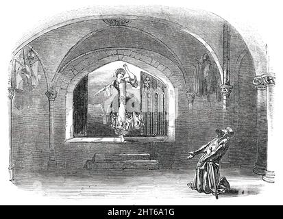 Scène de "Ivanhoé", au Haymarket Theatre, [Londres], 1850. '...la scène dans laquelle la "Maid de Juda" menace de se jeter des bataillons du château des Templiers... les Frères Brod ont dépassé leurs anciens efforts dans la production de Pâques de cette année, qui prend part à l'excellence du drame et du burlesque. Il est en deux actes, et suit l'ordre des adaptations mélodramatiques habituelles de la romance de Sir Walter Scott de "Ivanhoé"... le dialogue de la pièce est de première catégorie, et les hits, les pons, les allusions, et les parodies sont d'unexceptionabl Banque D'Images