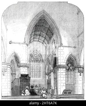 Choeur de la Trinity Church, Haverstock Hill, [Londres], 1850. Cette église, située dans la paroisse de Saint-Pancras, a été consacrée mardi dernier par le Seigneur Evêque de Londres, en présence d'un très grand assemblage de personnes... l'église est de caractère admirable dans la conception, et l'intérieur est particulièrement efficace. Le toit ouvert est taché pour imiter le chêne, ainsi que les sièges, les galeries, et amp;c. Ces derniers sont refixés des piliers séparant la nef des allées, et l'apparence générale de la nef n'est donc pas interférée avec. Le choeur, comme peut être vu par notre Illu Banque D'Images