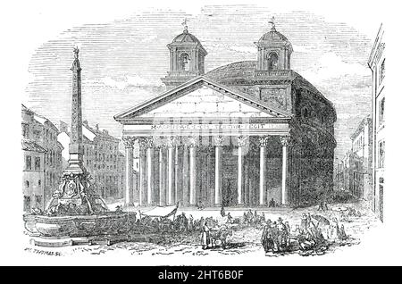 Le Panthéon - Rome, 1850. 'Le Panthéon, dans les temps modernes, tire un intérêt supplémentaire de son être le lieu de sépulture de Rafaele, A. Caracci, Zuccari, Peruzzi, et d'autres artistes éminents. Mais, indépendamment de toutes les associations, son magnifique intérieur - dont la figure circulaire est mise au plus grand avantage par une rangée de grandes colonnes et pilastres corinthiens, qui soutiennent une magnifique entablature ci-dessus, tous construits de billes rares - suscitera toujours l'émerveillement et l'admiration. De "Illustrated London News", 1850. Banque D'Images