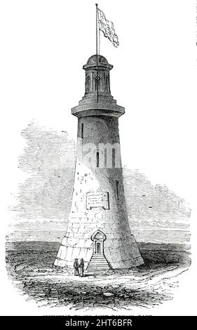 Mémorial à Sir John Barrow, Bart., 1850. '...la pierre de fondation du monument du Barrow a été posée, avec une grande cérémonie, sur la colline de Hoad, près d'Ulverston [en Cumbria]...la pierre porte l'inscription suivante:- LE 15th MAI, A.D. 1850, DANS LA 14th ANNÉE DU RÈGNE DE SA PLUS GRACIEUSE MAJESTY, LA REINE VICTORIA, SIR GEORGE BARROW, BART., ET JOHN BARROW, ESQ., F.R.S., DÉPÔT DE CETTE PIERRE POUR ENREGISTRER LA COMMÉMORATION DU TÉMOIGNAGE DE FEU SIR JOHN BARROW, BART. ANDREW TRIMEN, ARCHITECTE... le design du Monument est de M. Trimen... et se compose d'une tour en pierre (une marque de mer), 100 Banque D'Images