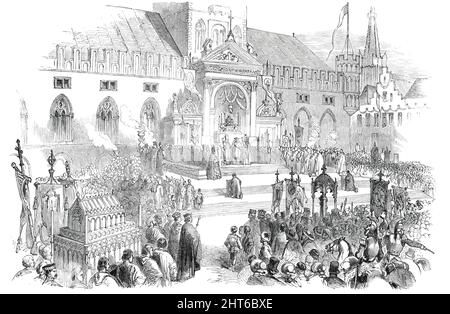 Jubilé de Saint-sang, à Bruges - la Bénédiction à la Cathédrale, 1850. Fête religieuse en Belgique en l'honneur de la relique du Saint-sang. « Les cloches et les carillons sonnèrent sans cesse... les gens, vêtus de leurs vêtements de vacances, promonèrent les rues... l'histoire de la relique de Saint-sang date de l'an 1150...Thierry d'Alsace, comte de Flandre, ramena de Jérusalem un peu du sang du Sauveur, Qui, selon la tradition, avait été obtenu par Nicodème et Joseph d'Arimathea...[le Pape Clément V a affirmé que] "ce sang devient liquide chaque vendredi, d'ordinaire Banque D'Images