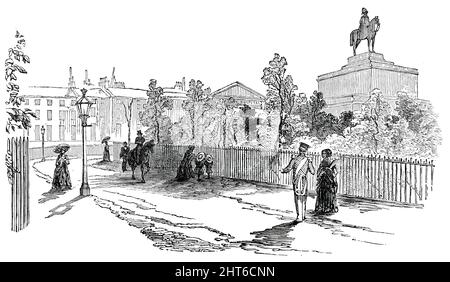 Constitution Hill, Londres, 1850. Statue équestre du duc de Wellington par Matthew Cotes Wyatt à Hyde Park Corner. Il a ensuite été enlevé et remplacé par l'arche Wellington de Decimus Burton. De "Illustrated London News", 1850. Banque D'Images