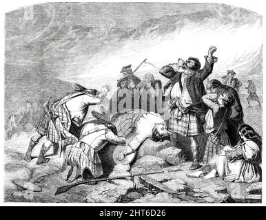 The Highland Coronach - peint par M. m'Ian, 1850. 'Exposition de l'institution nationale, à Regent-Street, [Londres]. C'est une scène touchante. 76 [dans le catalogue]. « The Highland Coronach. » Niel Macdonald, fils de la Laird d'Achtreachtan, "indweller à Glencoe", et l'un des "plus durs-necked du clan Popiste Donald", était "slaine par certains hommes justes", amis de Maître John Nevoy, prédicateur, Qui a été instruit pour "instruit les indigènes non civils des Hielands et des îles à la fois Inglische et de la virilité." ... tout en chassant sur les collines betwe Banque D'Images