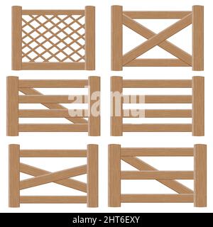 Un ensemble de portes et de clôtures en bois fait de planches de différents dessins, illustration vectorielle en style dessin animé. Illustration de Vecteur