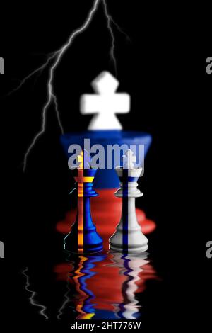 Le drapeau de la russie, de la finlande et de la suède peint sur le roi des échecs. 3D illustration. Banque D'Images