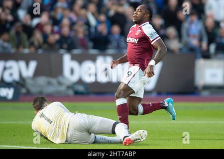 Londres, Royaume-Uni. 27th févr. 2022. Michail Antonio de West Ham United lors du match de la Premier League entre West Ham United et Wolverhampton Wanderers au stade de Londres, parc olympique Queen Elizabeth, Londres, Angleterre, le 27 février 2022. Photo de Salvio Calabre. Utilisation éditoriale uniquement, licence requise pour une utilisation commerciale. Aucune utilisation dans les Paris, les jeux ou les publications d'un seul club/ligue/joueur. Crédit : UK Sports pics Ltd/Alay Live News Banque D'Images