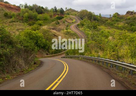 Une route pavée sinueuse menant vers le haut d'une colline abrupte sur Kauai Banque D'Images