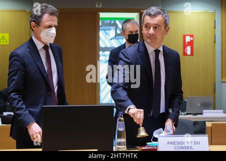 Le ministre français de l'intérieur, Gerald Darmanin, a lancé un Conseil spécial des affaires intérieures de l'UE à Bruxelles, en Belgique. 27th févr. 2022. Crédit: ALEXANDROS MICHAILIDIS/Alamy Live News Banque D'Images