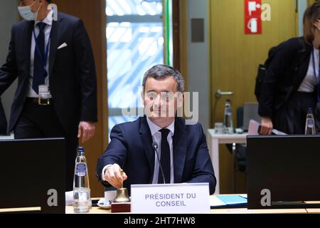 Le ministre français de l'intérieur, Gerald Darmanin, a lancé un Conseil spécial des affaires intérieures de l'UE à Bruxelles, en Belgique. 27th févr. 2022. Crédit: ALEXANDROS MICHAILIDIS/Alamy Live News Banque D'Images