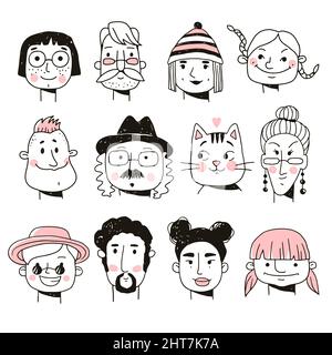 Ensemble de visages de personnes. Illustration vectorielle dessinée à la main dans un style doodle. Illustration de Vecteur