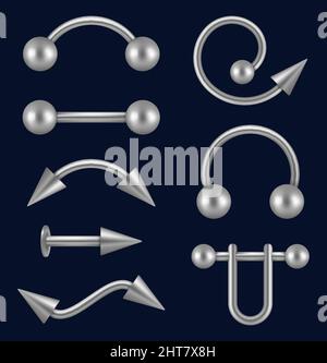 Piercing réaliste. Ensemble de bijoux spécifiques argent visage décoration métallique ou chrome articles pour nez d'oreille décent vecteur 3D collection ensemble Illustration de Vecteur