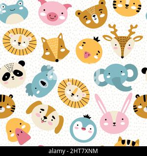 Motif de faces animales. Adorable animal sauvage coloré dans le style de dessin animé souris tigre zèbres portent vecteur récent sans couture kawaii arrière-plan Illustration de Vecteur