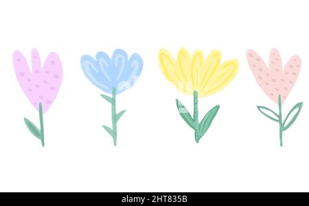 Ensemble de fleurs vectorielles irisées. Joli motif dessin animé à plat. Tulips colorés dessinés à la main dans le style des enfants. Illustration de Vecteur