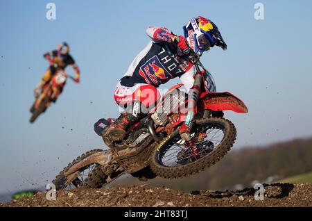 Simon Laengenfelder dans la course 2 MX2 pendant le MXGP de Grande-Bretagne à Matterley Basin, Winchester. Date de la photo: Dimanche 27 février 2022. Banque D'Images