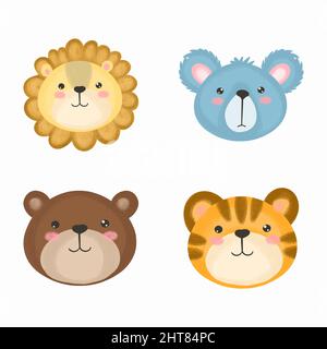 Ensemble de dessin animé animaux mignons pour bébé carte et invitation. Illustration vectorielle. Lion, ours, tigre, koala. Illustration de Vecteur