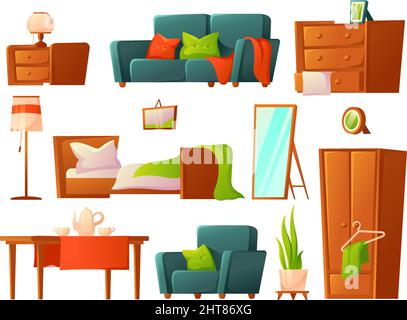 Mobilier de dessin animé. Lit, meubles de salon. Éléments de la maison confortable, canapé isolé, fauteuil, table. Lampes et armoire, décor pour appartement, soigné Illustration de Vecteur